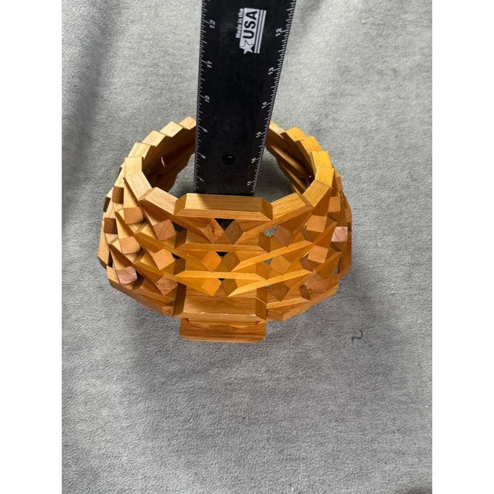 Vintage Geometric Collapsible Wooden Basket Interlocking Block Sculpture Bowl